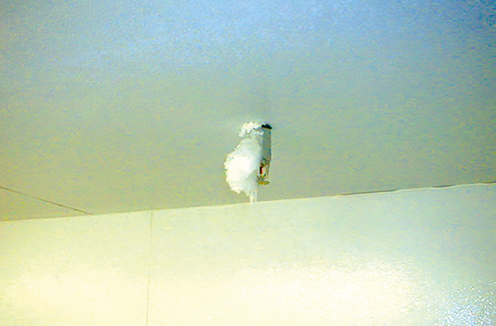 Figure 5: Photograph of dry sprinkler not properly sealed around the sprinkler penetration causing external ice build-up. This condition should be readily visible during an inspection of the sprinkler system.
