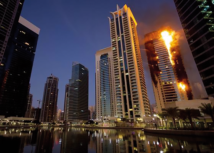 The Torch Tower Dubai fire on 21 February 2015, showing the spread of flame on the external faces of the tower.