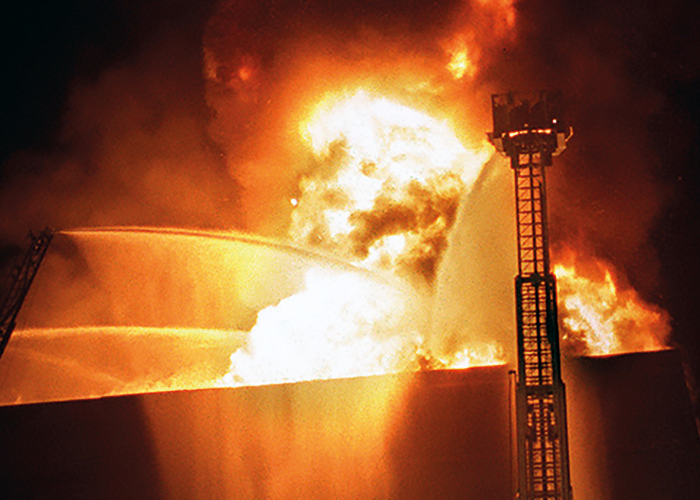 A photograph of the 1999 Worcester Cold Storage Warehouse Fire in Massachusetts which resulted in the deaths of six Worcester firefighters.