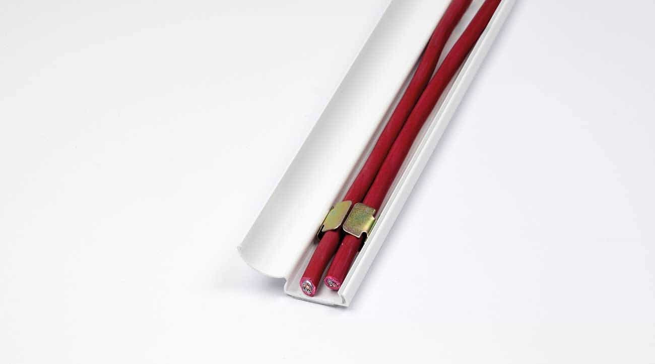 Safe-D30 Clip retaining FP cables inside the patented D-Line 30x15mm Mini Trunking.
