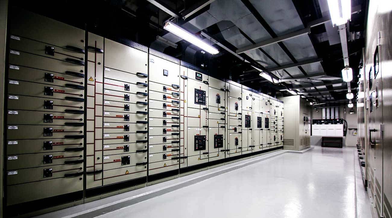 Global data center walkway between rack cabinets modern industrial IT world communications and internet.