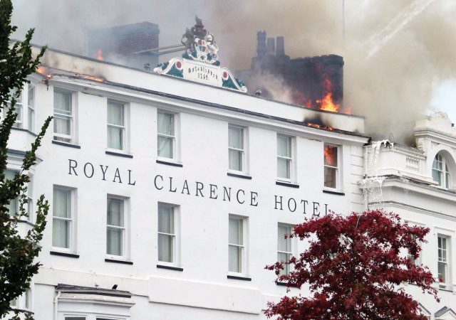 Fire spread at roof level on the Royal Clarence Hotel.