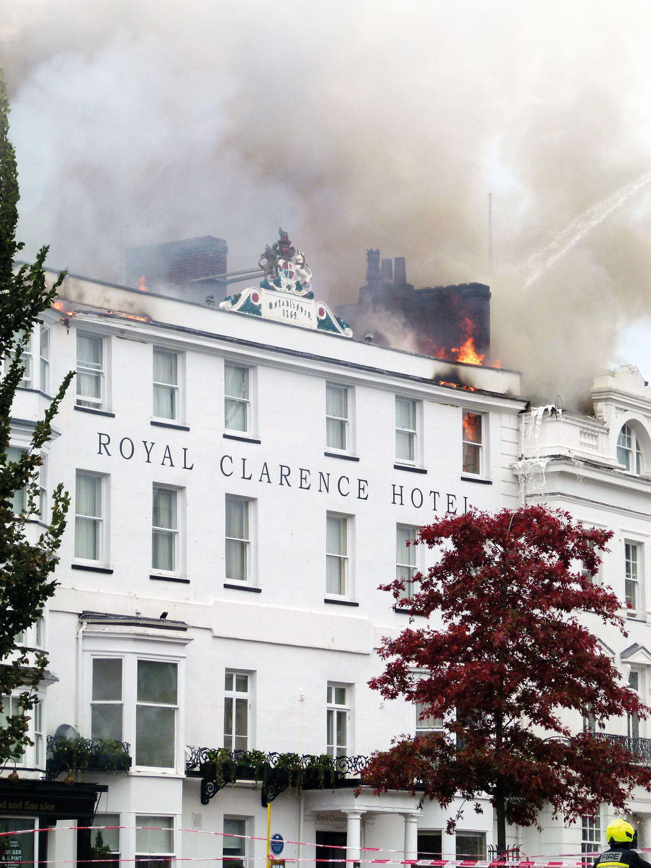 Fire spread at roof level on the Royal Clarence Hotel.