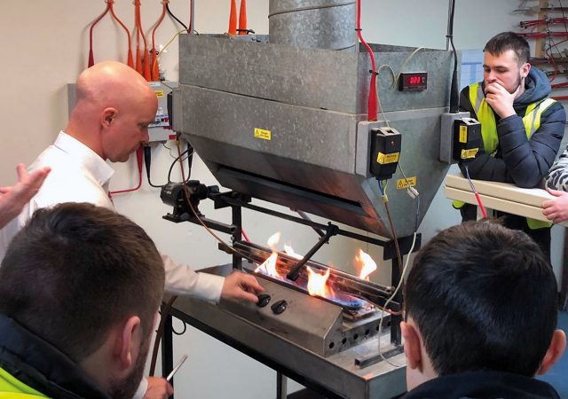Live comparative fire test rig at Wrexham Mineral Cables Laboratory.