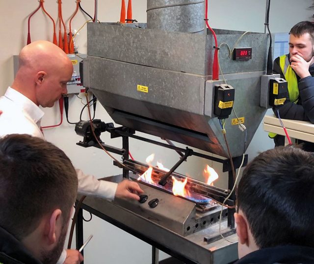 Live comparative fire test rig at Wrexham Mineral Cables Laboratory.