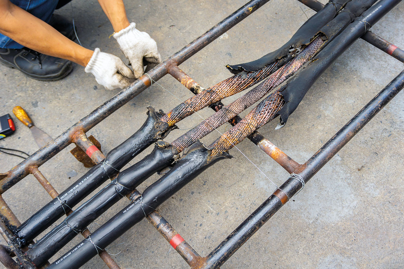 High voltage power cable fire burn damage.