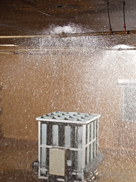 A distribution test measuring the water density of a sprinkler system at the FM Global Research Campus in Rhode Island, USA. A distribution test measuring the water density of a sprinkler system at the FM Global Research Campus in Rhode Island, USA.
