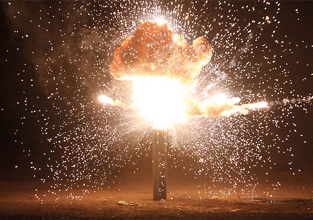 Rupture and explosion of a single battery cell.
