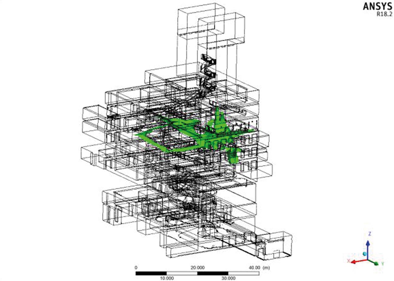 Extract from Ansys CFX of a model in 3D wire view. It shows the temperatures at 2 m above Level 07. This is one of the acceptance criteria we need to check.
