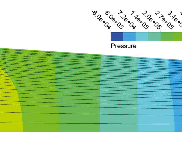 Figure 5. Streamlines and pressure distribution in the nozzle with straight inlet.
