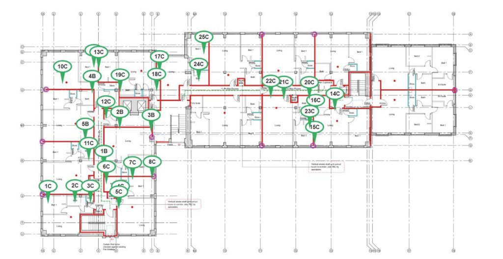 A full floor plan with many areas of work completed by a passive fire installer (Green pins).