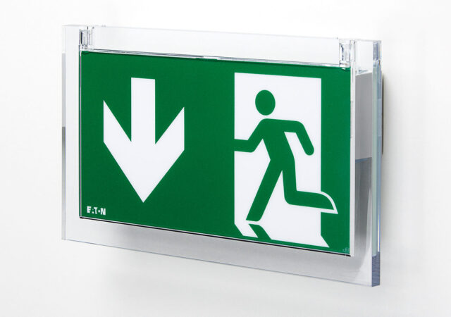 Eaton’s CrystalWay self-contained emergency exit sign is the standard in high quality, aesthetic emergency exit sign luminaires, which is also available for central power supplies.