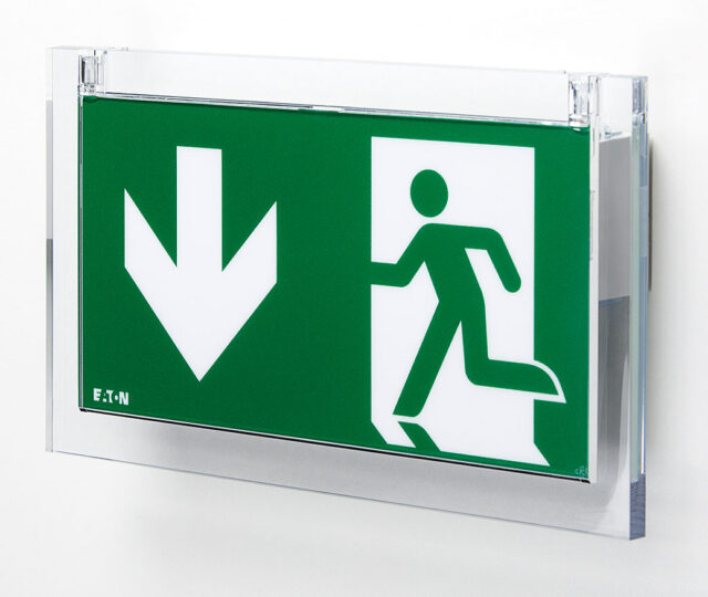 Eaton’s CrystalWay self-contained emergency exit sign is the standard in high quality, aesthetic emergency exit sign luminaires, which is also available for central power supplies.