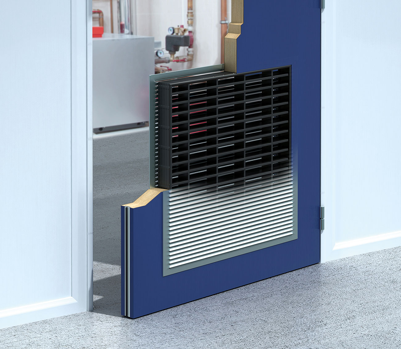 Cutaway view of fire door with intumescent grille.