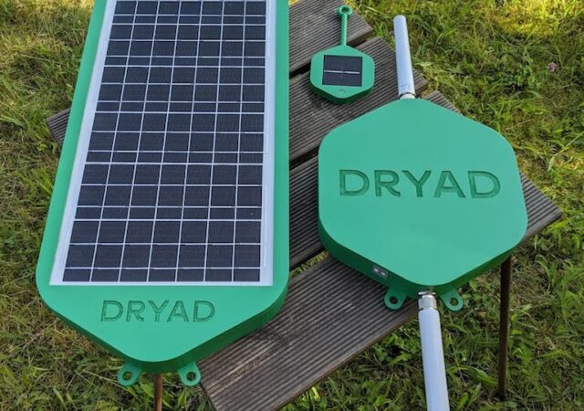 The product family from left to right: Dryad Silvanet solar-powered mesh gateway 67x28cm (without antenna); solar-powered digital nose (9x10cm without antenna, 19x10cm with antenna); mains or solar-powered border gateway (27x25cm plus antenna). (Dryad)