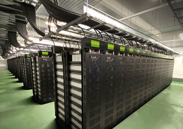 Lithium-ion battery racks in a grid-scale BESS.