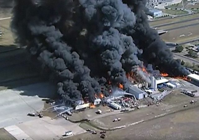 Figure 1. A major fire at a chemical blending firm in Waxahachie, Texas, in October 2011 resulted in a total loss to the plant. A nearby community college and elementary school had to be evacuated.