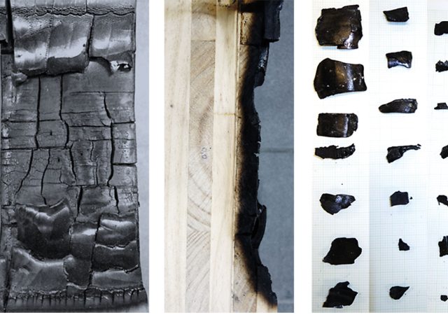 The term ‘char fall-off’ refers to charred pieces of the exposed lamella detaching from the timber structure and falling off, such as this CLT sample shows after burning under exposure to external heating of 20kW/m² and structural loading (Left: Front view. Middle: Side view). Exemplary pieces of char fall off collected from the floor of the setup after testing (Right).