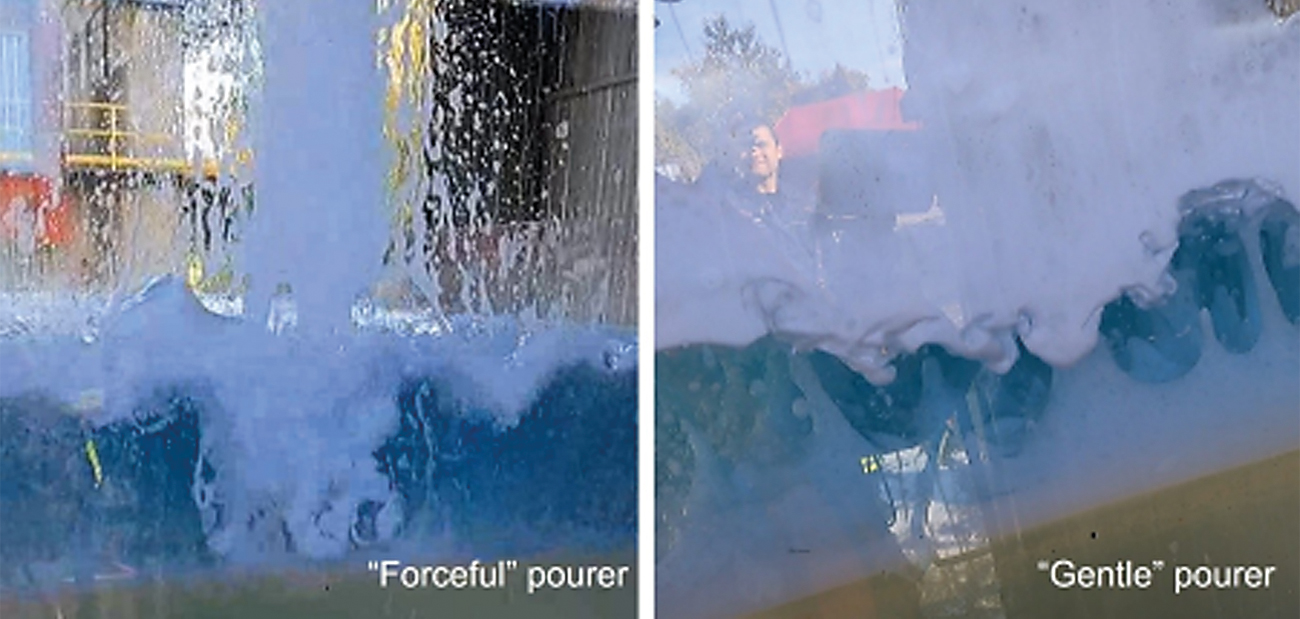 Figure 5. Comparison of plunging effect with different pourer arrangements into 100mm of fuel. Images supplied by Author / Contributor