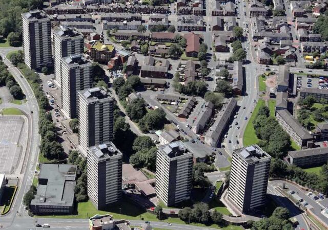 The high-rise residential block at College Bank, known locally as the Seven Sisters.