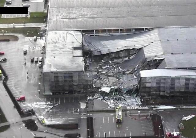 Partial collapse of a carpark at Stavanger Airport in Sola, Norway, following a multi-vehicle fire in 2020. Official report found EVs did not contribute to fire development ‘beyond what is expected from conventional vehicles’. Image courtesy of RI.SE