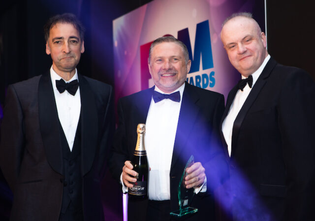 Iain Cumner, Patol Sales Director (centre), receives the ‘Fire Innovation’ Award from Alastair McGowan (left) and Brian Sims, Editor of ‘Fire Safety Matters’ (right). (Patol)