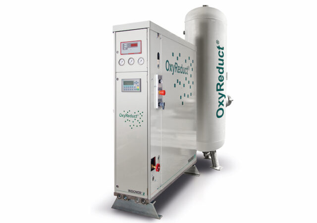 The OxyReduct® oxygen reduction system generates nitrogen from the ambient air for active fire prevention. The degree to which the oxygen level in the protected area must be reduced with the inert gas depends on the critical materials stored there. (WAGNER Group)