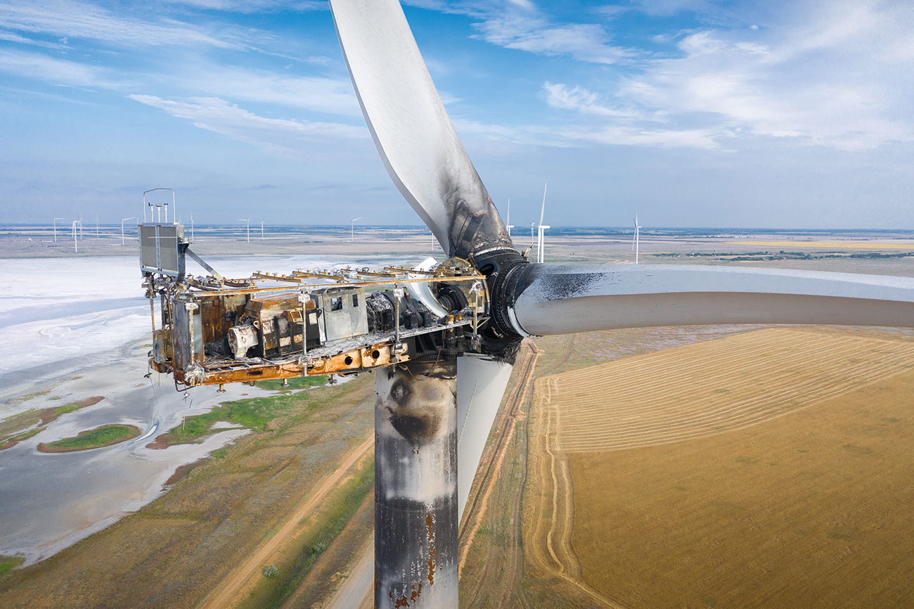 The fibreglass or plastic components of the turbine nacelle can easily be ignited by a spark or arc flash. Images supplied by Author / Contributor