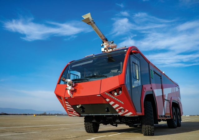 ARFF airport firefighting vehicle from S TEMPERA with FireDos front and roof monitor.