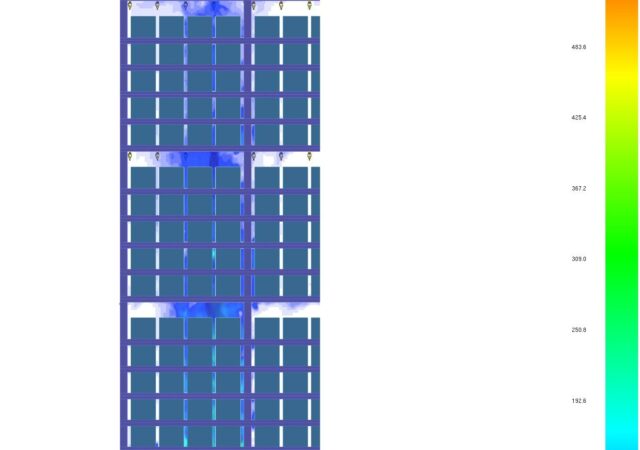 Temperature contour plot showing heat movement throughout a section of an ASRS rack structure.