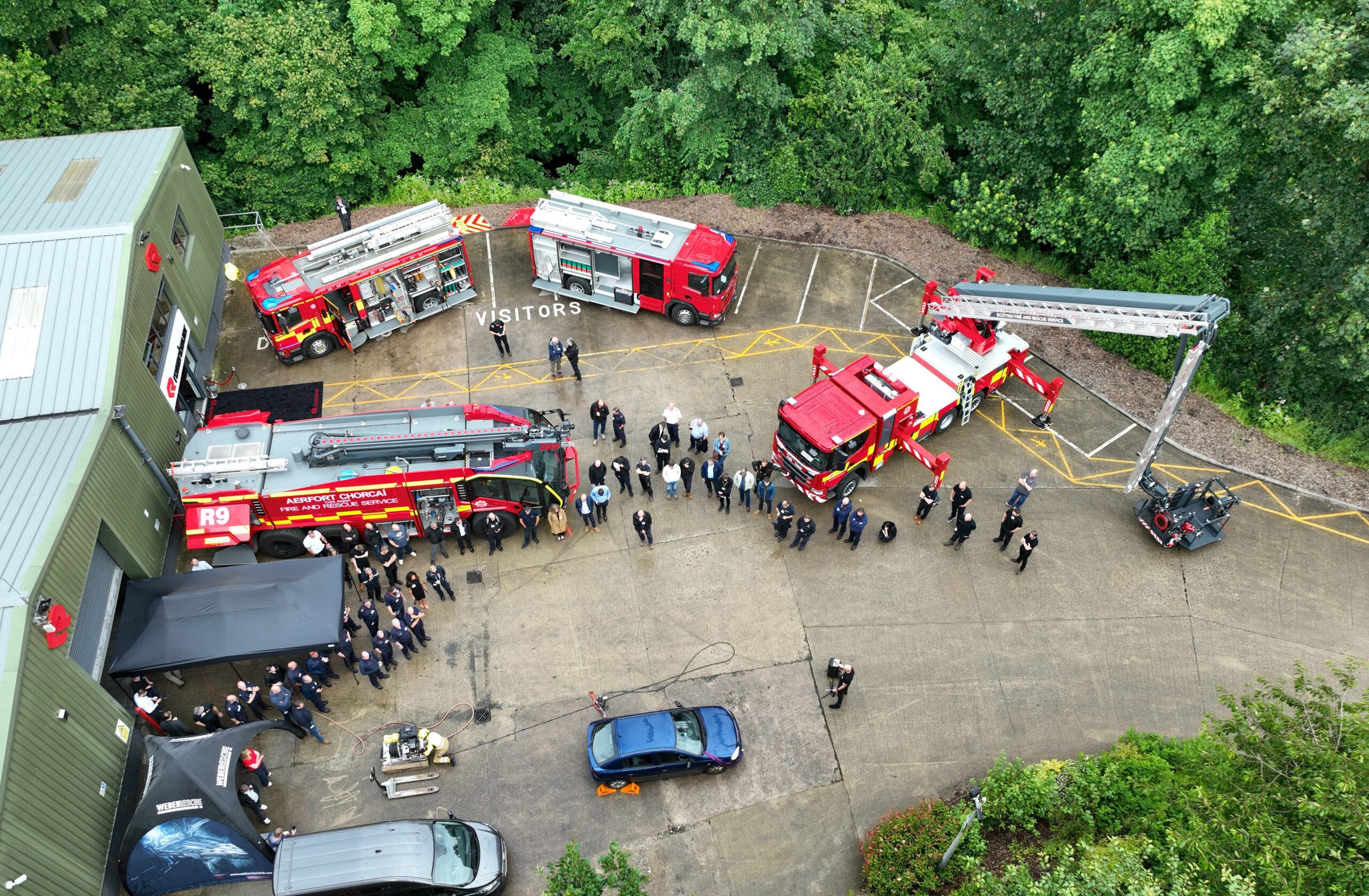Birdseye view of AT Appliances (far left), Aerial Appliance (centre right) and Panther (centre left) on Display at Tech Day ’24.